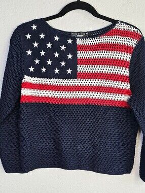 Norton Studio Petites PL USA Flag Open Knit Sweater Patriotic Ramie Cotton